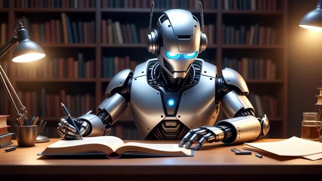 A metallic robot sits at a wooden desk in a library, writing in a large open book.  It is lit by a warm desk lamp, and books line the shelves behind it