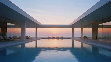 Obraz premium Modern Building with Infinity Pool Overlooking Calm Ocean at Sunset