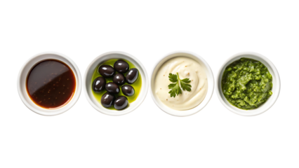 Four oval white bowls filled with delicious mediterranean dips and olives isolated on transparent background