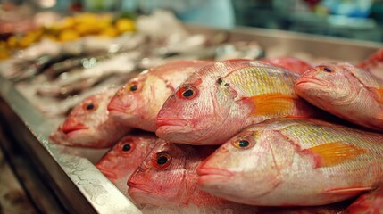 Rows of vibrant, fresh fish are arranged neatly on ice at a lively market. Colorful snapper with bright eyes attract shoppers in a coastal town's bustling afternoon.