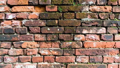 Obraz premium A close-up view of an old, weathered brick wall with some moss growth.
