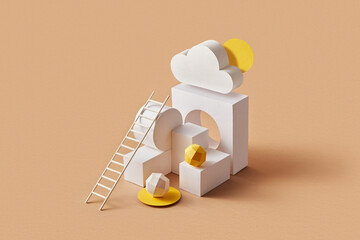 Paper ladder to cloud and sun with white blocks