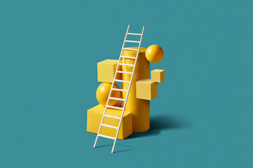 Paper ladder leaning on yellow shapes over teal base