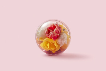 Colorful spring flowers sealed in glass sphere