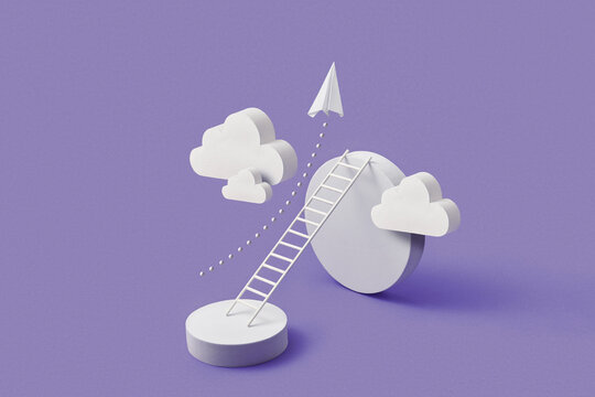 Paper ladder with clouds and plane on violet base