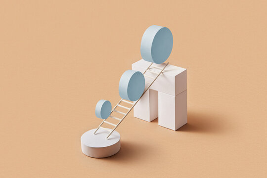 Paper ladder on stacked circles and cubes, peach base