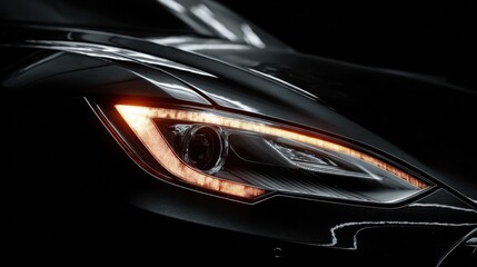 A close-up view highlights the intricacies of an electric vehicle's headlight, showcasing the sleek design and glowing elements in a dark garage setting at night.