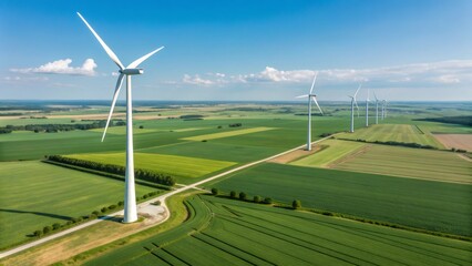 Aerial view of wind turbines generating renewable energy in a vast green field, promoting sustainable practices and clean power generation