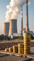 Rising energy prices symbolized by increasing stacks of coins with a polluting power plant in the background emitting smoke