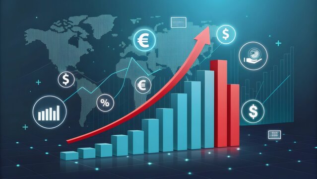 Red ascending arrow above rising bar graph, depicting financial growth with currency symbols signaling economic progress