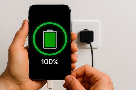 close up of hand holding smartphone with full battery charge indicator - Powered by Adobe