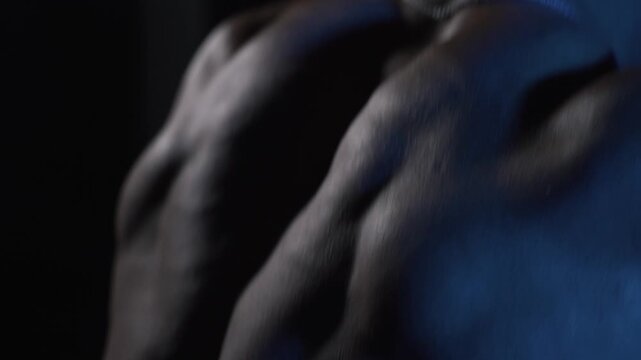 Muscular male back in blue light. Back muscle training in dark gym close-up