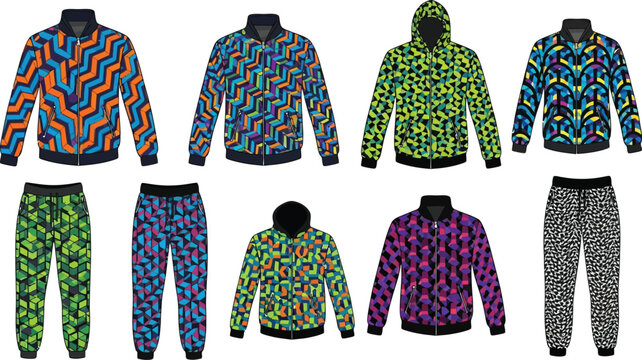 Assortment of colorful geometric patterned jackets and pants on a white background display fashion
