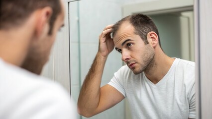 Obraz premium Young man examining his hair loss in a bathroom mirror while coping with alopecia and reflecting on self-image