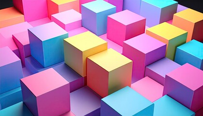 Obraz premium Multicolored cubes of varying sizes are arranged in a staggered pattern on a dark surface.