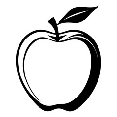 Simple black and white line drawing of an apple with a leaf