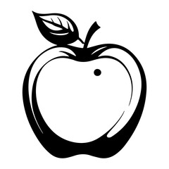 Simple black and white apple drawing with a leaf and a stem