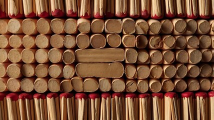 A close up view of many wooden matches organized in rows with red tips and brown wooden bodies