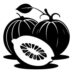 Monochrome Still Life of Pumpkins and a Cut Winter Melon
