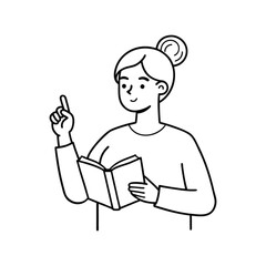 Woman teacher reading book pointing up line art illustration