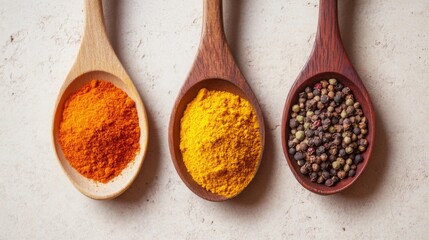 Colorful spices displayed on wooden spoons arranged on a neutral surface showcasing vibrant flavors