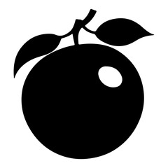 Monochrome silhouette illustration of a round fruit with stem and leaves