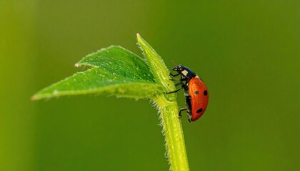 Fototapeta premium A red ladybug with black spots crawls on a vibrant green plant stem.