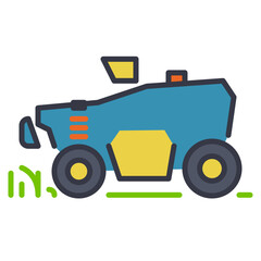 Robotic lawn mower icon. A flat, simple line icon of a robotic lawn mower. The illustration shows an automated device designed for cutting grass, with a stylized representation of cut grass around it
