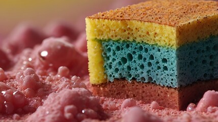 A close up of a multi layered sponge sitting in a pink bubbly substance with yellow blue and pink layers
