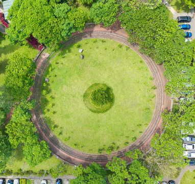 Aerial View Circular Park With Central Garden Feature