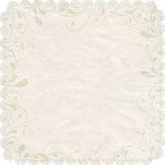 Old wrinkled beige frame, fabric paper with floral ornament border. Rough grunge wall texture, vintage caneva background. Wallpaper illustration vector design.