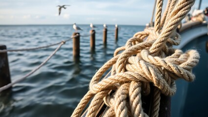 Fototapeta premium Close-up of knotted rope on boat with seagulls on pilings in background
