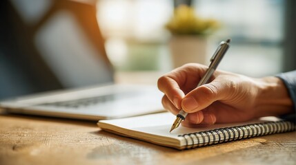 Close-up of hand writing notes in notebook with pen while working on laptop