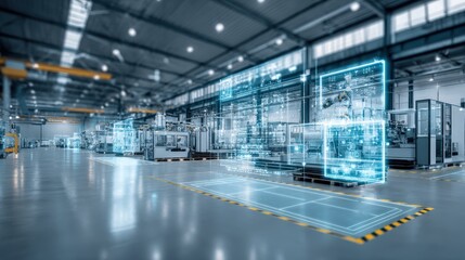 Modern Factory with Augmented Reality Interface Showcasing Production Data and Automated Manufacturing Processes