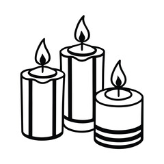 three burning candles on white background