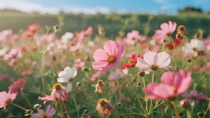 Obraz premium Vibrant Pink Cosmos Flowers in a Lush Green Field Under Blue Sky