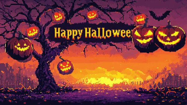 A spooky tree looms against a vibrant sunset, with glowing pumpkins grinning mischievously, welcoming Halloween night.
