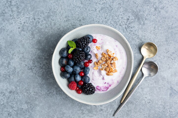 Greek yogurt bowl with granola, blueberries, blackberries and red currant berries topping