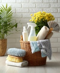 Cleaning supplies and tools arranged in basket with flowers  