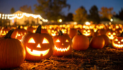 Jack o lanterns field at night
