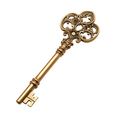 Shiny Antique Gold Key Isolated on Transparent Background
