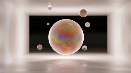 Abstract Digital Art with Floating Colorful Planets in White Room