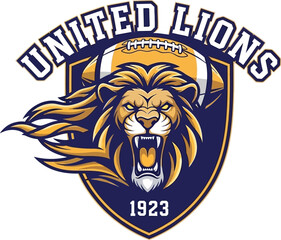 A logo featuring a lion's head with a football and the text united lions and the year nineteen twenty three