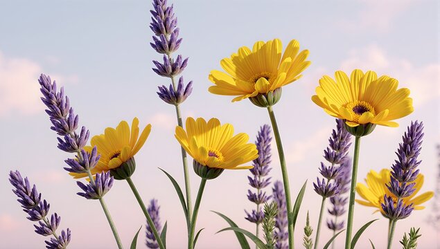 Natural floral background with daisies and lavender - Powered by Adobe