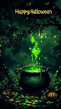 A whimsical cauldron bubbles with vibrant green liquid under a starry night, perfect for Halloween festivities.
