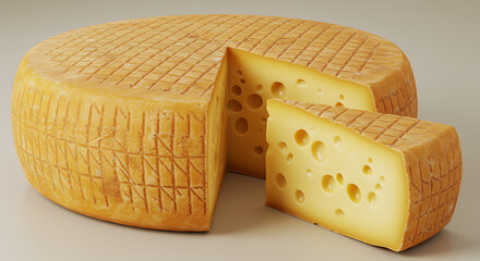 Delicious artisanal cheese wheel with a perfect wedge cut, showcasing its rich texture and natural eyes, ready for culinary delight.