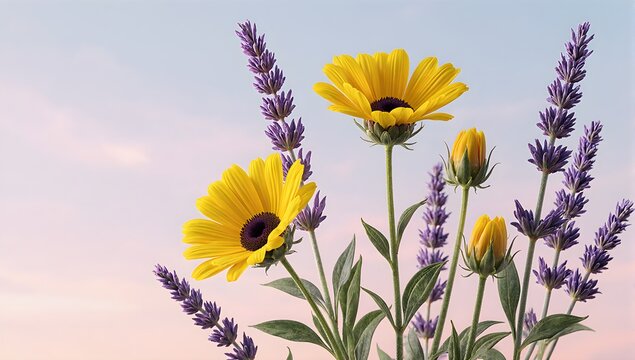 Yellow daisies and lavender flowers against pastel sky