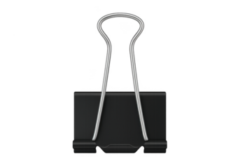 Black binder clip on transparent background holding papers together