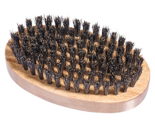 Wooden brush with dense natural black bristles, oval shape. Isolated background