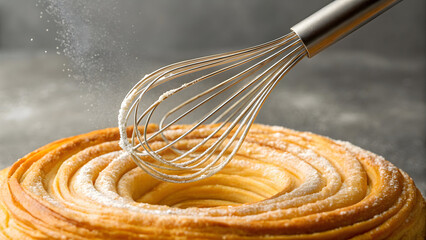 Balloon whisk floating inside golden pastry tornado
